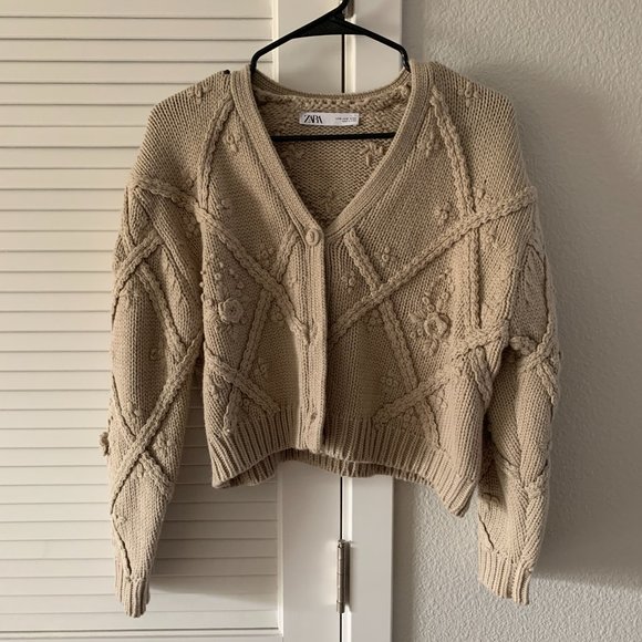 BLOGGER NEW ZARA Women Chunky Floral Sweater Cardigan 1957/104, Tan/Mink, Size S - Picture 1 of 10